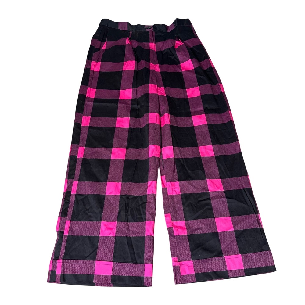 Porridge Anthropologie Pink Black Buffalo Check Wide Leg Pants Size L NWT